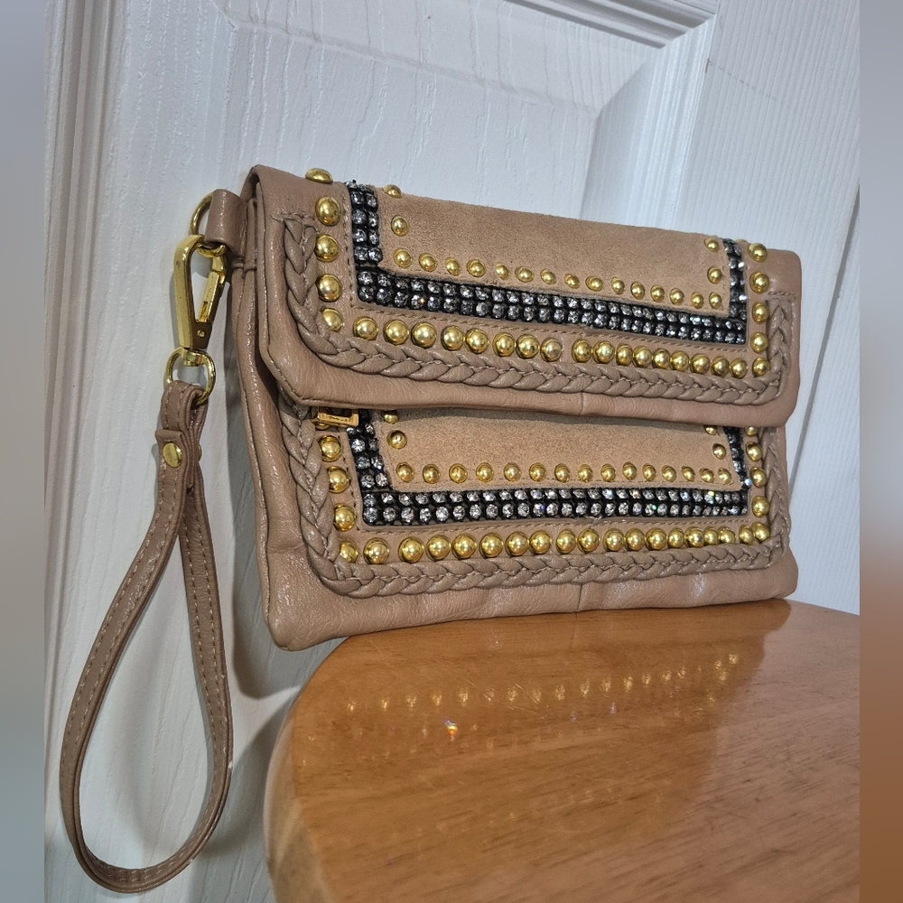 Cache Tan Leather Gold Beaded Rhinestone Wristlet - Picture 2 of 14